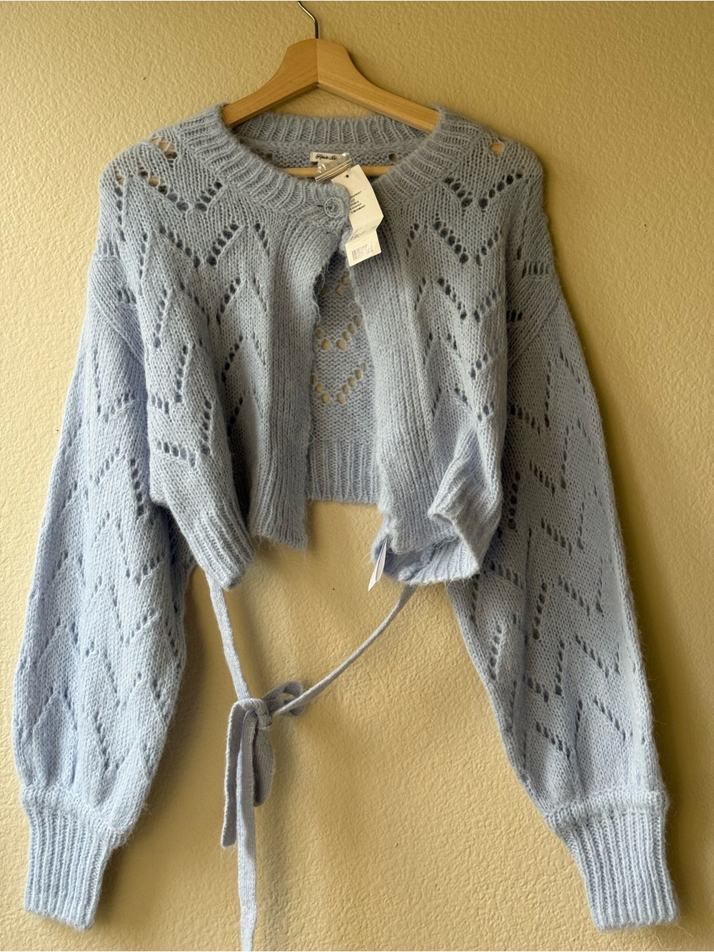 Kimchi Blue Pale Blue Open-Knit Cropped Tie-Front Cardigan
